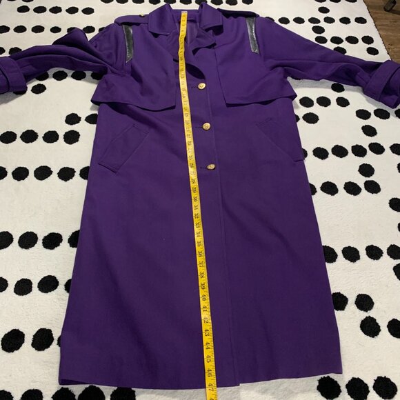 Vintage 80s 90s Purple Wool Gold Button Beltless Long Trench Coat Retro Overcoat - Picture 15 of 16